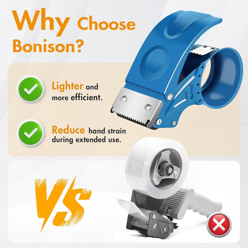 Bonison 2 Pack Heavy Duty Packing Tape Dispenser Gun – 2-Inch Wide Tape Dispenser with Adjustable Brake – Fits 3-Inch Core, Industrial-Grade Tape Gun for Moving, Shipping, Office & Warehouse Use (Blue) - Image 3